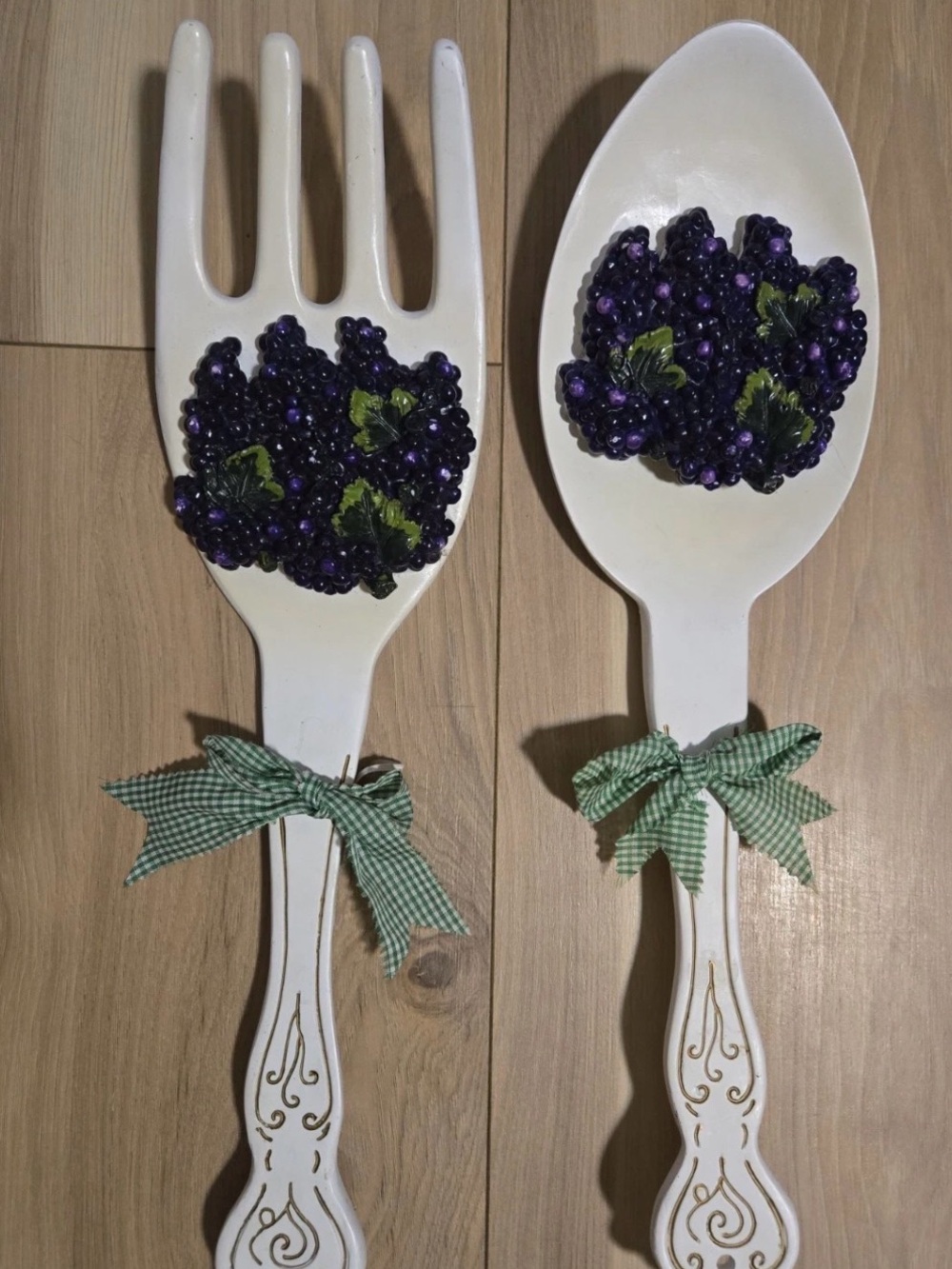White Ceramic Decorative Fork & Spoon Wall Set with Purple Berry Accents